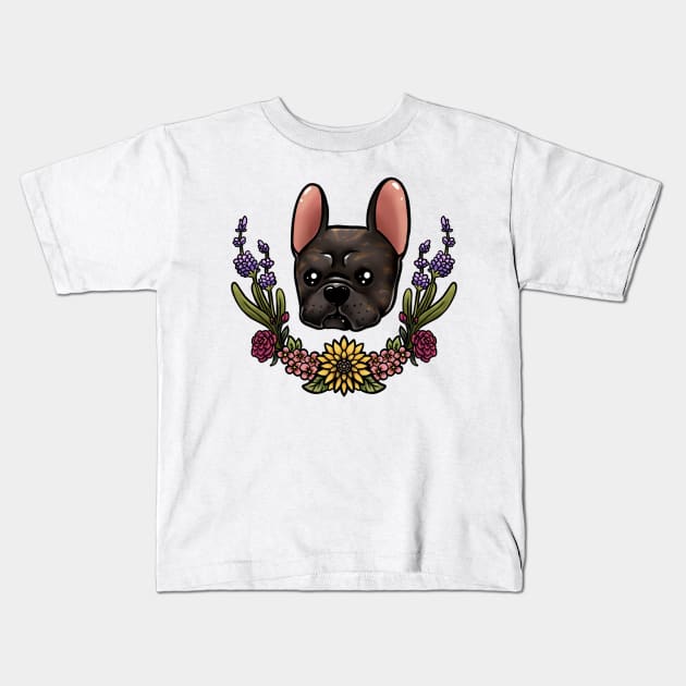 Brindle  frenchie with flowers Kids T-Shirt by Lanlyaart